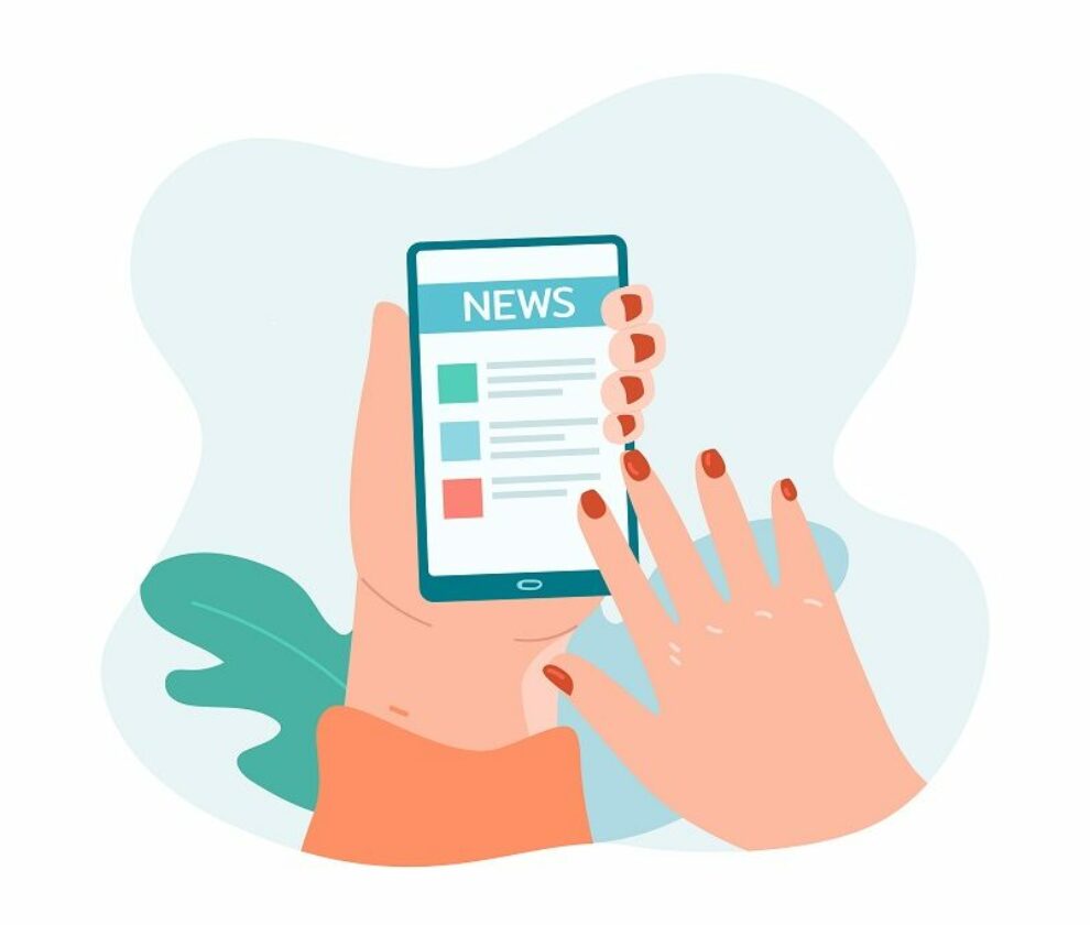 Female hands holding mobile phone with newsletter on screen